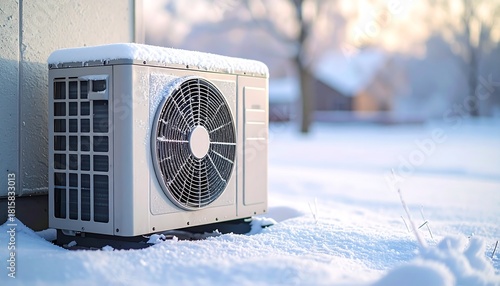 Heat pump outdoor unit in winter snow.