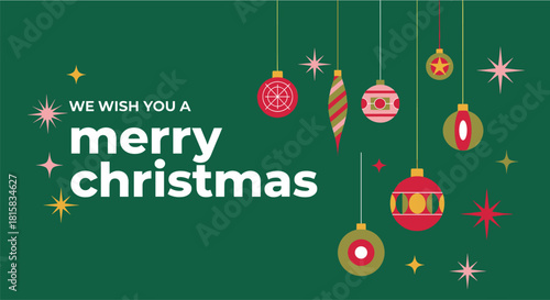 Retro Merry Christmas Card with Hanging Ornaments and Stars on Green Background for Festive Holiday Greetings and Decorations