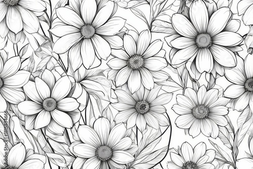 Black and white floral pattern of daisies and leaves, a repeating design