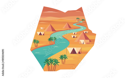 Serene Desert Oasis: Egyptian Landscape with Pyramids, River, and Palm Trees, evoking adventure, history, and cultural travel experiences in a vibrant, stylized illustration