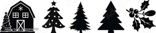 Black silhouette of a pine tree with detailed branches. gift Perfect for outdoor branding, winter themes, camping graphics, hiking designs, eco logos, minimalist landscapes, and Christmas decorations.