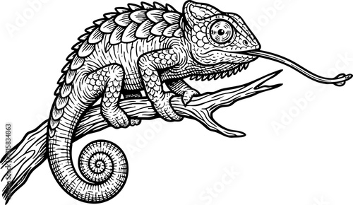 Detailed illustration of a chameleon with its tongue extended on a branch