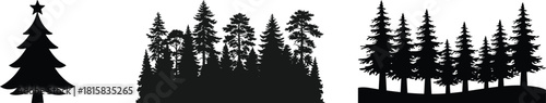 Black silhouette of a pine tree with detailed branches. gift Perfect for outdoor branding, winter themes, camping graphics, hiking designs, eco logos, minimalist landscapes, and Christmas decorations.