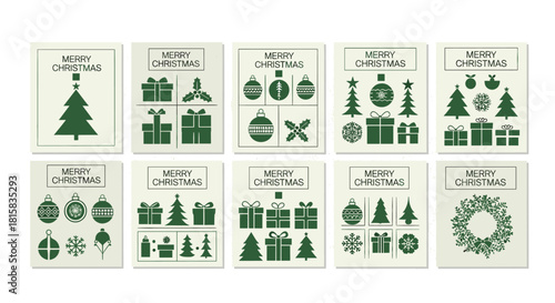 Merry Christmas Green Icons Collection: A Set of Ten Unique Graphic Cards with Christmas Trees, Gifts, and Holiday Ornament Designs