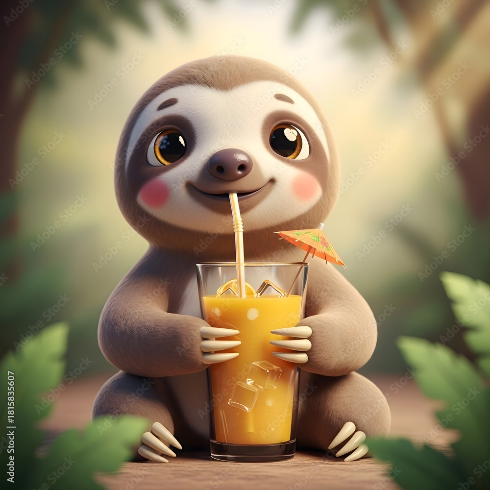Fototapeta premium An incredibly cute and happy sloth relaxes in a tropical forest, savoring a delicious glass of fresh juice with a tiny umbrella