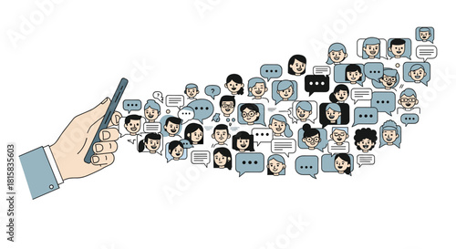 Social Media Communication: Hand with Smartphone Connecting to Diverse Group of People Online Through Text Messages and Thought Bubbles for Digital Connectivity Concepts