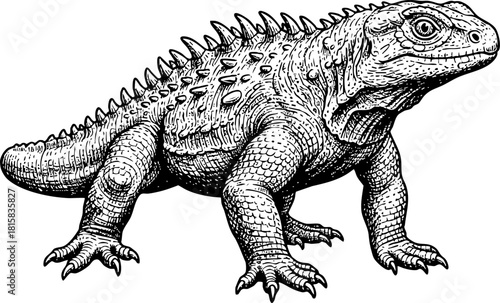Detailed Line Drawing of a Fierce Iguana Reptile