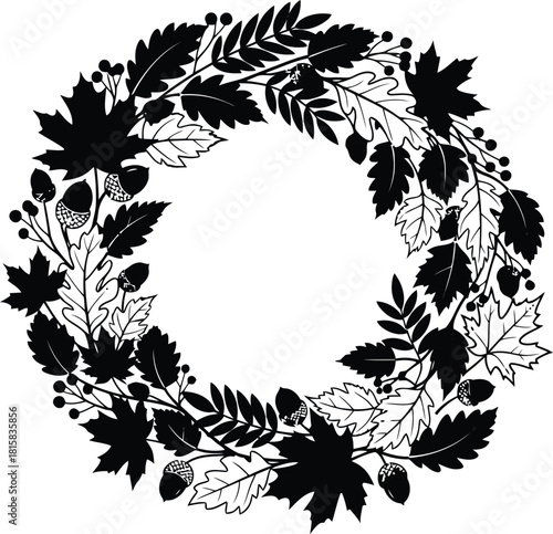 Black silhouette autumn wreath with maple leaves and acorns