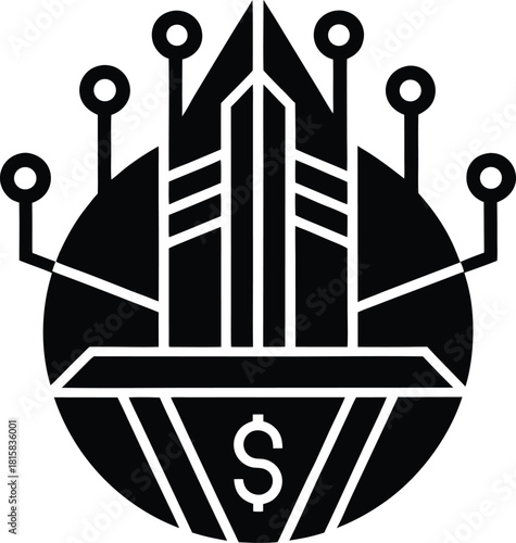 Futuristic digital world finance icon set with technology and global connections
