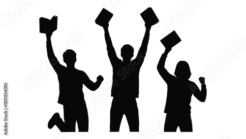 Triumphant students silhouettes isolated on white background, Vector