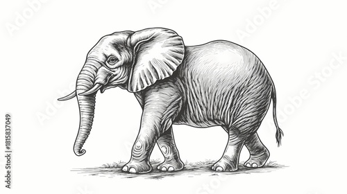 Detailed monochrome drawing depicts a large pachyderm walking across a patch of ground
