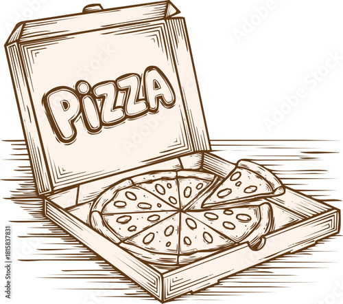 Hand drawn sketch of a whole pizza with one slice removed, presented in an open cardboard delivery box, vintage style illustration