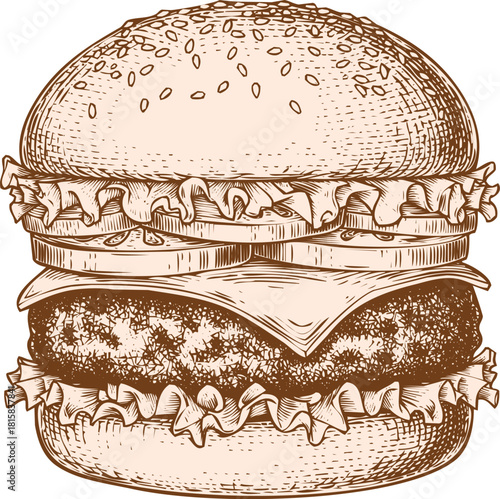 Hand drawn vintage style illustration of a delicious cheeseburger with sesame seed bun, lettuce, tomato, and patty, isolated on