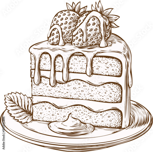 Hand drawn sketch of a delicious slice of layered strawberry cake with dripping glaze and mint leaf, isolated on