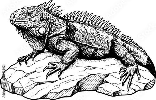 Detailed Ink Drawing of a Majestic Iguana Resting on a Rock