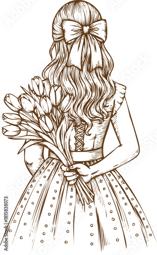 Vintage style drawing of a girl seen from behind holding a bouquet of tulips, isolated on
