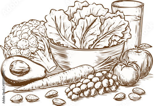 Sketch illustration of various healthy food items including lettuce, avocado, carrot, cauliflower, corn, apple, seeds, and a glass of juice, isolated on