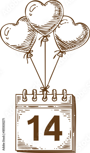 Hand drawn sketch of three heart shaped balloons floating above a calendar page showing the number 14, isolated on