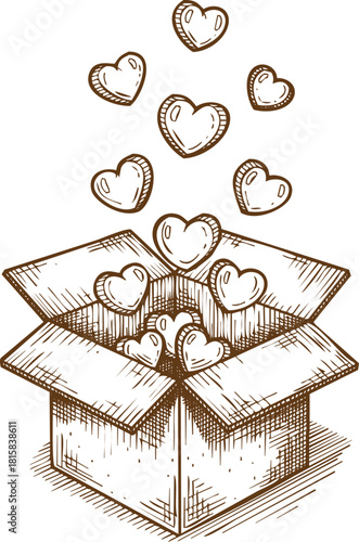 Hand drawn sketch of an open cardboard box overflowing with small heart shapes floating out, isolated on