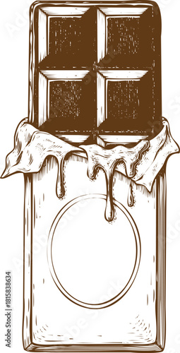 Hand drawn sketch of a delicious chocolate bar partially unwrapped with dripping chocolate, isolated on