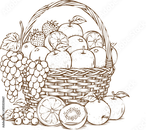 Hand drawn sketch of a wicker basket overflowing with various fresh fruit like apple, grape, and citrus, isolated on