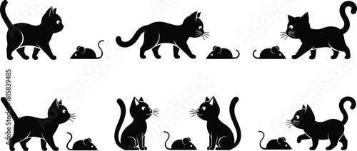 Black cat and mouse vector silhouette icon set, feline pet animal walking and sitting next to small rodent, simple cartoon illustration.