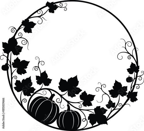 Black silhouette of a circular autumn wreath with pumpkins and leaves