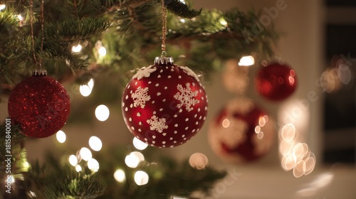 Close-up of Christmas tree decorations with red and white ornaments on evergreen branch, blurred lights in background creating warm festive vibe for holiday decor and seasonal themes.