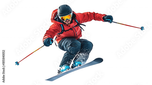 Man in red jacket skiing with poles isolated on black background on transparent background