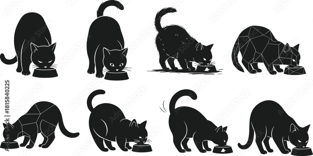 Naklejka premium Black cat eating from a food bowl vector silhouette icon set, hungry feline pet animal mascot collection in various feeding poses.