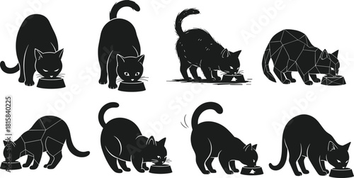 Black cat eating from a food bowl vector silhouette icon set, hungry feline pet animal mascot collection in various feeding poses.