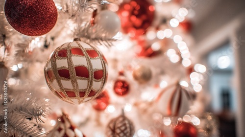 Close-up of Christmas tree decorations with red and white ornaments on evergreen branch, blurred lights in background creating warm festive vibe for holiday decor and seasonal themes.