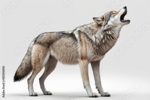 Lifelike depiction of a grey wolf in a howling pose against a plain, white background