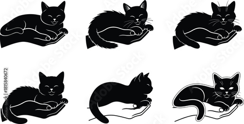 Black cat resting in human hand vector silhouette collection, adorable kitten sleeping safely in caring palms, pet animal adoption icon set.