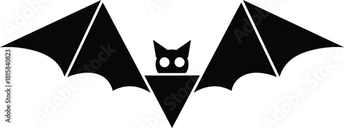 Black bat silhouette with spread wings, flying creature icon, symbol of halloween and night, isolated on white background
