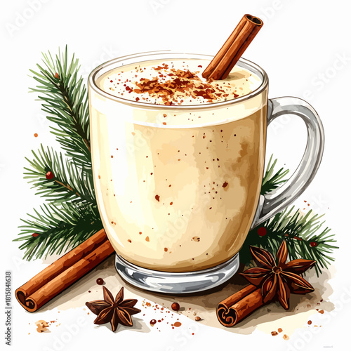 A festive glass mug of creamy eggnog with a cinnamon stick.