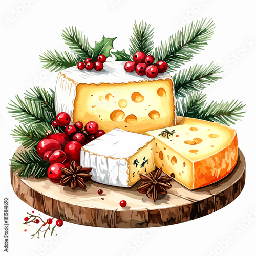 Festive watercolor cheese board with assorted cheeses and holiday decorations.
