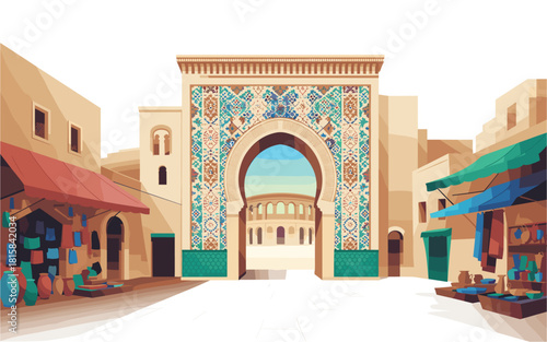 Vibrant Moroccan Street Scene with Intricate Archway and Market Stalls, a Blend of Traditional Architecture and Colorful Souk Life, Ideal for Travel Concepts
