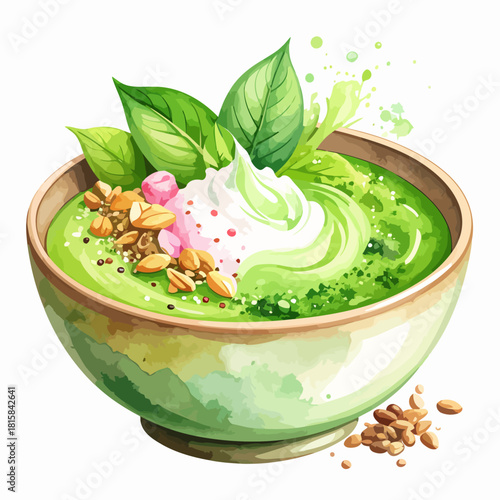 Watercolor Green Smoothie Bowl with Fresh Toppings.