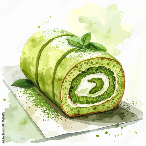 Watercolor Matcha Swiss Roll Cake with Cream Filling and Mint Garnish.