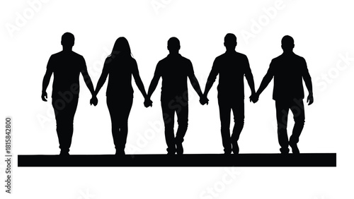 Five people holding hands silhouette isolated on white background, Vector