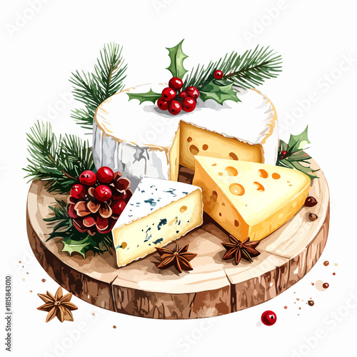 Festive Cheese Board with Holiday Decorations, Watercolor Illustration.