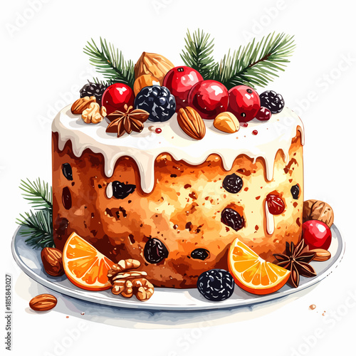 Festive Christmas cake adorned with fruits and nuts on a plate.