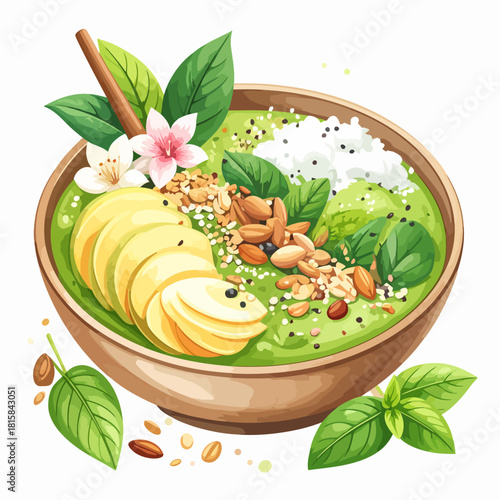 Vibrant Green Smoothie Bowl with Banana, Nuts, and Floral Garnishes.