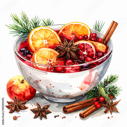 Festive Christmas punch in a glass bowl with orange slices and spices.