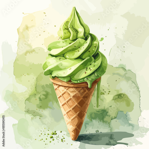 Watercolor Matcha Ice Cream Cone with Green Tea Flavor.
