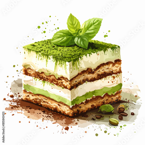 Gourmet layered matcha pistachio dessert watercolor illustration.