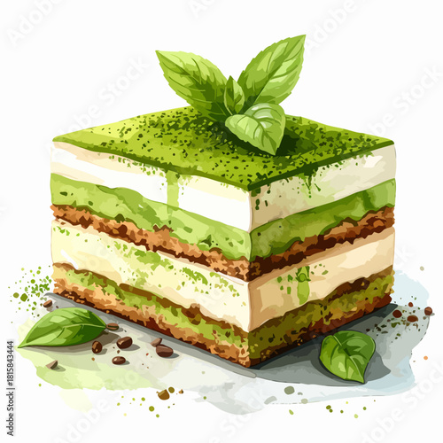 Delicious Matcha Tiramisu Dessert with Fresh Mint Leaves.