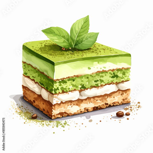 Watercolor Matcha Cake Slice with Basil Leaves Topping.