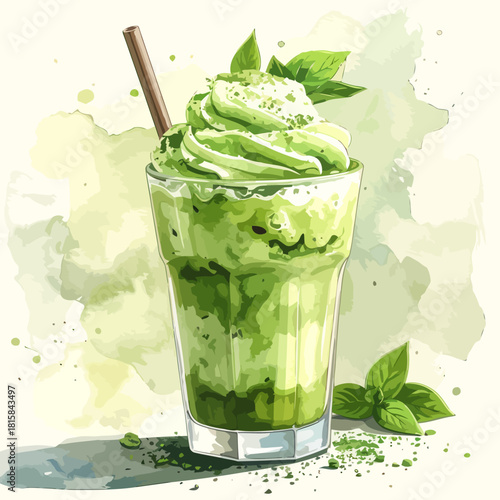 Delicious Matcha Green Tea Frappe with Whipped Cream and Mint Leaves.